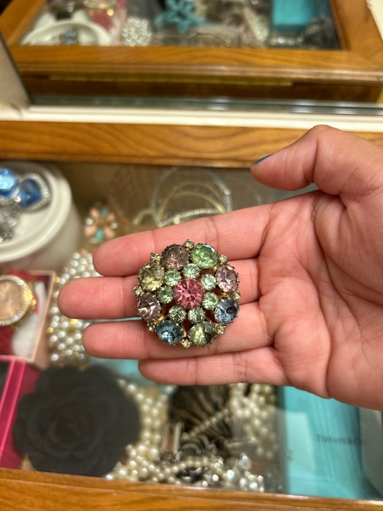 Weiss Jewelry - Weiss Multicolor pastel Crystal Cluster Brooch - Floral Cocktail Pin